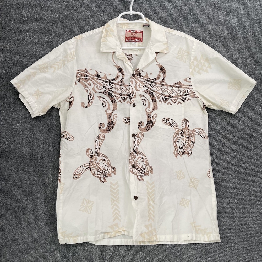 RJC Hawaiian Shirt Mens Sz L White Brown Tribal Motifs Sea Turtles Made In USA